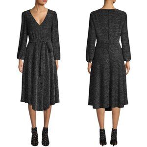 Alice + Olivia Coco Metallic Midi Dress Women's 2 Silver V-Neck Tie Waist Party